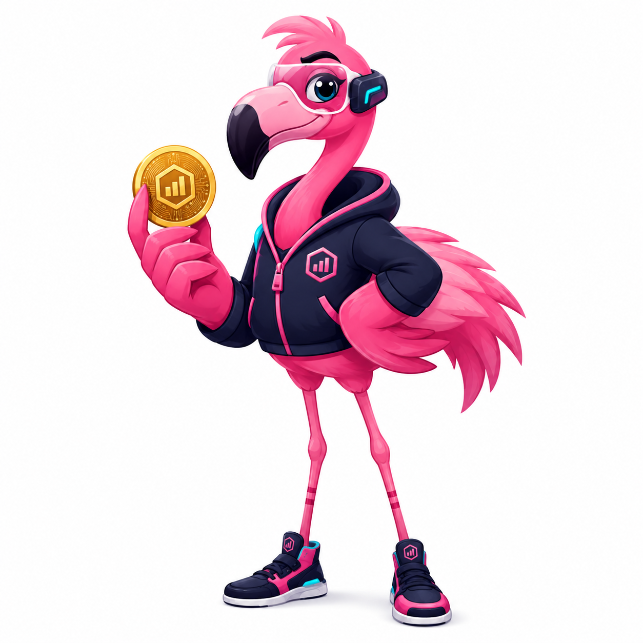 Flo the flamingo, holding a gold coin